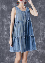 Load image into Gallery viewer, Bohemian Light Blue Ruffled Patchwork Denim Mini Dresses Sleeveless