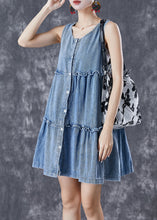 Load image into Gallery viewer, Bohemian Light Blue Ruffled Patchwork Denim Mini Dresses Sleeveless