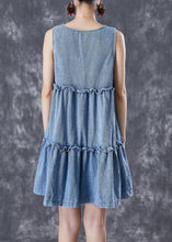 Load image into Gallery viewer, Bohemian Light Blue Ruffled Patchwork Denim Mini Dresses Sleeveless