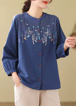 Load image into Gallery viewer, Bohemian Loose Blue Embroidered Linen Blouses Long Sleeve