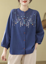 Load image into Gallery viewer, Bohemian Loose Blue Embroidered Linen Blouses Long Sleeve