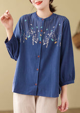 Load image into Gallery viewer, Bohemian Loose Blue Embroidered Linen Blouses Long Sleeve