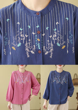 Load image into Gallery viewer, Bohemian Loose Blue Embroidered Linen Blouses Long Sleeve