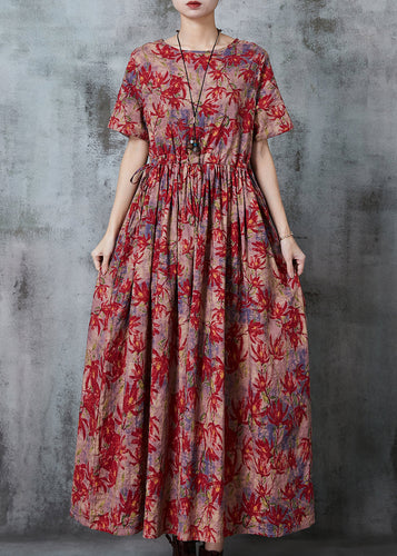 Bohemian Maple Leaves Print Linen Cinched Dress Summer