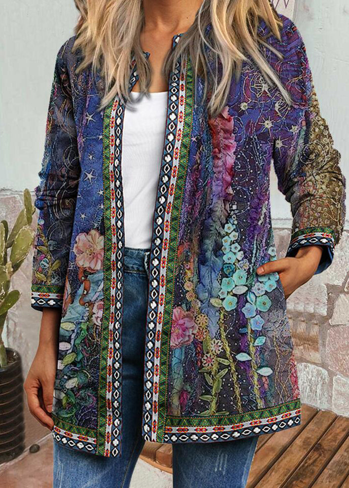 Bohemian O-Neck Print Pockets Woolen Cardigans Fall