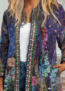 Bohemian O-Neck Print Pockets Woolen Cardigans Fall