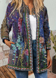 Bohemian O-Neck Print Pockets Woolen Cardigans Fall