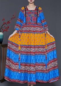 Bohemian Peacock Blue Print Exra Large Hem Silk Dresses Summer