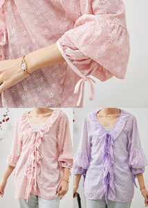 Bohemian Pink Embroidered Ruffles Lace Shirt Spring