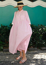 Load image into Gallery viewer, Bohemian Pink Peter Pan Collar Striped Button Pockets Wrinkled Long Dresses Half Sleeve