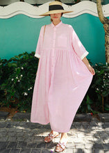 Load image into Gallery viewer, Bohemian Pink Peter Pan Collar Striped Button Pockets Wrinkled Long Dresses Half Sleeve