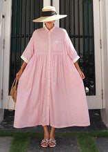 Load image into Gallery viewer, Bohemian Pink Peter Pan Collar Striped Button Pockets Wrinkled Long Dresses Half Sleeve