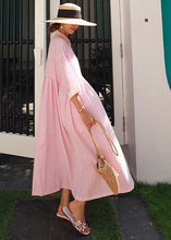 Load image into Gallery viewer, Bohemian Pink Peter Pan Collar Striped Button Pockets Wrinkled Long Dresses Half Sleeve