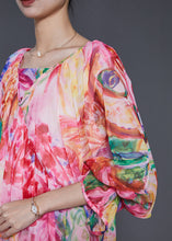 Load image into Gallery viewer, Bohemian Pink Print Exra Large Hem Chiffon Dresses Lantern Sleeve