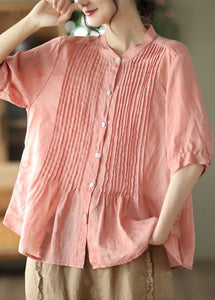 Bohemian Pink Stand Collar Wrinkled Patchwork Linen Shirt Tops Summer