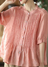 Load image into Gallery viewer, Bohemian Pink Stand Collar Wrinkled Patchwork Linen Shirt Tops Summer