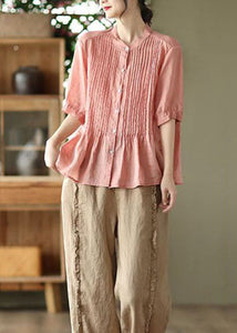 Bohemian Pink Stand Collar Wrinkled Patchwork Linen Shirt Tops Summer