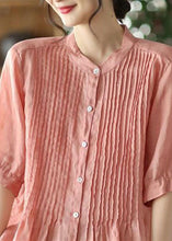 Load image into Gallery viewer, Bohemian Pink Stand Collar Wrinkled Patchwork Linen Shirt Tops Summer