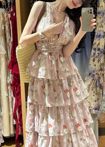 Bohemian Pink V Neck Print Chiffon Long Dresses Sleeveless