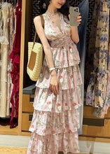 Load image into Gallery viewer, Bohemian Pink V Neck Print Chiffon Long Dresses Sleeveless