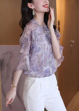 Load image into Gallery viewer, Bohemian Purple Ruffled Print Nail Bead Chiffon Shirt Top Spring