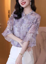 Load image into Gallery viewer, Bohemian Purple Ruffled Print Nail Bead Chiffon Shirt Top Spring