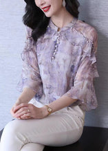 Load image into Gallery viewer, Bohemian Purple Ruffled Print Nail Bead Chiffon Shirt Top Spring