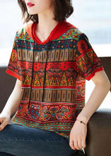 Load image into Gallery viewer, Bohemian Red Hooded Print Patchwork Chiffon T Shirts Tops Summer