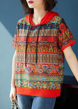 Load image into Gallery viewer, Bohemian Red Hooded Print Patchwork Chiffon T Shirts Tops Summer