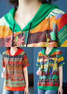 Bohemian Red Hooded Print Patchwork Chiffon T Shirts Tops Summer