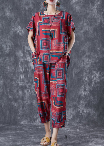 Bohemian Red O-Neck Print Linen Silk Two Piece Set Summer