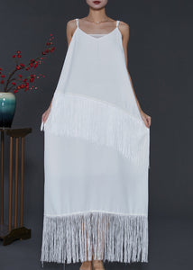 Bohemian White Tasseled Chiffon Spaghetti Strap Dress Summer