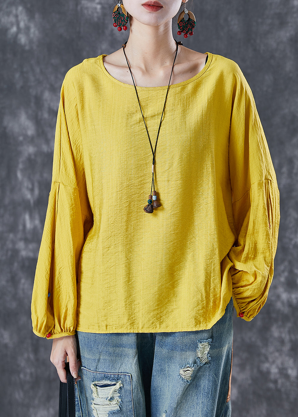 Bohemian Yellow O-Neck Oversized Nail Bead Cotton Top Lantern Sleeve