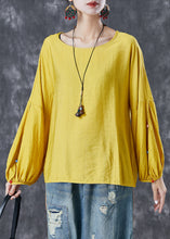 Load image into Gallery viewer, Bohemian Yellow O-Neck Oversized Nail Bead Cotton Top Lantern Sleeve