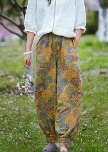 Bohemian Yellow Pockets Print Cotton Lantern Pants Spring