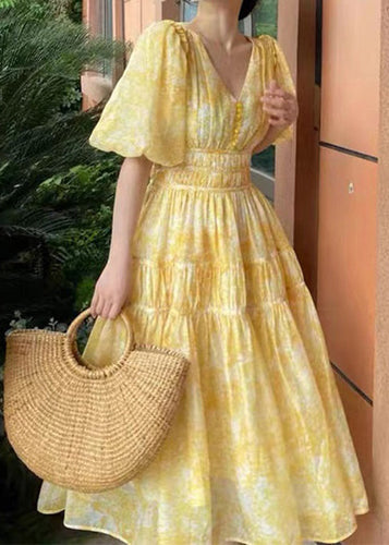 Bohemian Yellow V Neck Print Chiffon Long Dress Summer