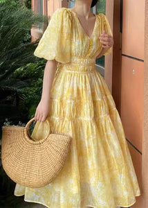 Bohemian Yellow V Neck Print Chiffon Long Dress Summer