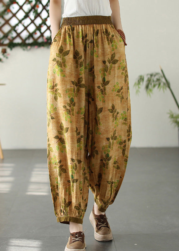 Bohemian Yellow Wrinkled Elastic Waist Crop Lantern Pants