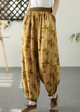 Load image into Gallery viewer, Bohemian Yellow Wrinkled Elastic Waist Crop Lantern Pants