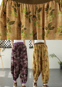 Bohemian Yellow Wrinkled Elastic Waist Crop Lantern Pants