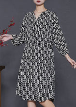 Load image into Gallery viewer, Boho Black Cinched Print Silk Mid Dress Summer