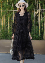 Load image into Gallery viewer, Boho Black Embroidered Butterfly Silk Dress Summer