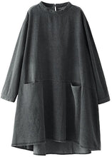 Load image into Gallery viewer, Boho Black Grey O-Neck Pockets Denim Long Dresses Long Sleeve