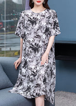 Load image into Gallery viewer, Boho Black Grey O Neck Print Patchwork Chiffon Dresses Half Sleeve