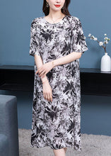 Load image into Gallery viewer, Boho Black Grey O Neck Print Patchwork Chiffon Dresses Half Sleeve