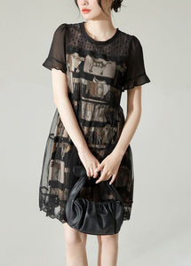 Boho Black O-Neck Patchwork Tulle Mid Dress Summer