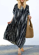 Load image into Gallery viewer, Boho Black O-Neck Striped Side Open Maxi Dresses Short Sleeve