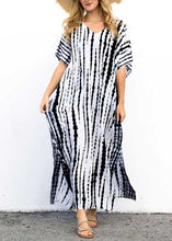 Load image into Gallery viewer, Boho Black O-Neck Striped Side Open Maxi Dresses Short Sleeve