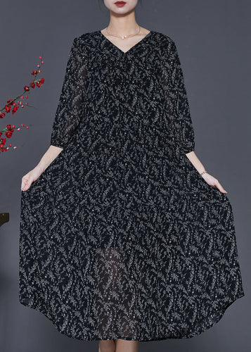 Boho Black Oversized Print Chiffon Dress Half Sleeve