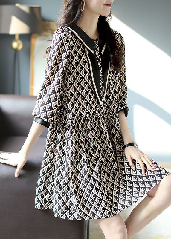 Boho Black Peter Pan Collar Print Patchwork Chiffon Dresses Spring